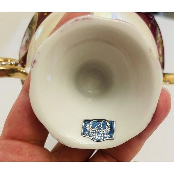 Royal Sealy China Double Handle Footed Cup Lusterware Dancing Couple Roses VTG - Picture 3 of 11